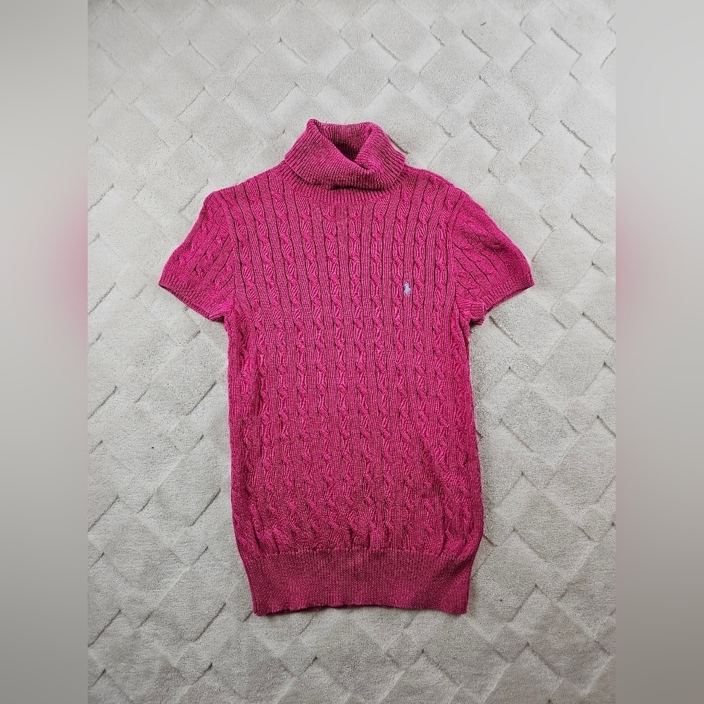 Ralph Lauren Pink Cable Knit Sweater Womens Large Pull Over Cowl Neck SS